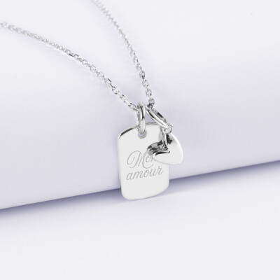 Pendentif personnalisé médaille gravée argent rectangle 17x11 mm et breloque petit coeur bombé 7 mm - HappyBulle x Atelier Wagram - surnom