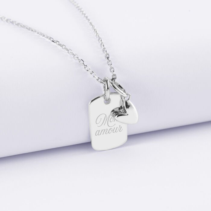 Pendentif personnalisé médaille gravée argent rectangle 17x11 mm et breloque petit coeur bombé 7 mm - HappyBulle x Atelier Wagram - surnom