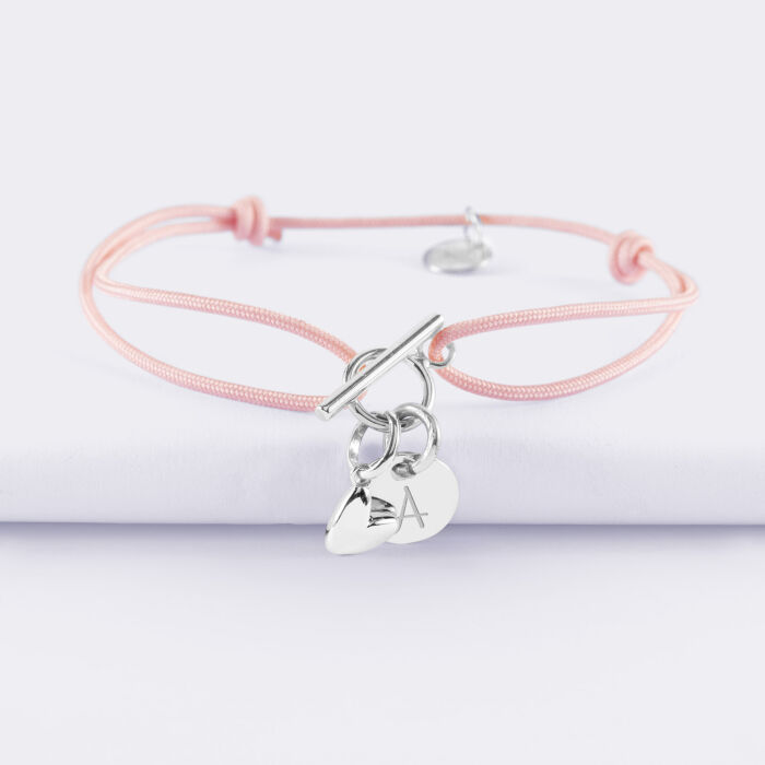 Bracelet fermoir personnalisé cordon médaille gravée argent initiale 10 mm et breloque petit coeur bombé 7 mm - HappyBulle x Atelier Wagram - A