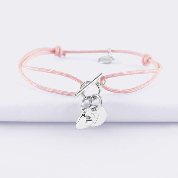 Bracelet fermoir personnalisé cordon médaille gravée argent initiale 10 mm et breloque petit coeur bombé 7 mm - HappyBulle x Atelier Wagram - picto coeur