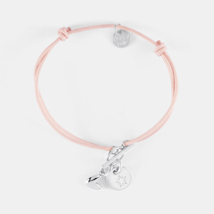 Bracelet fermoir personnalisé cordon médaille gravée argent initiale 10 mm et breloque petit coeur bombé 7 mm - HappyBulle x Atelier Wagram - picto étoile