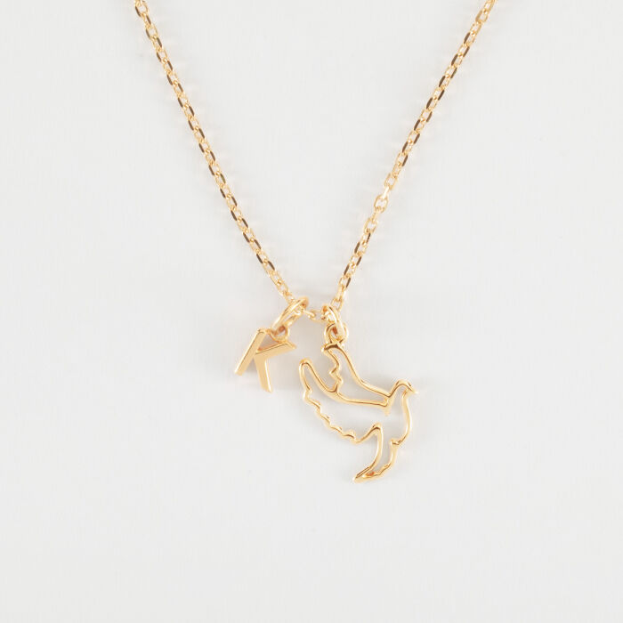 Pendentif colombe plaqué or 18 mm et breloque lettre initiale 5 mm