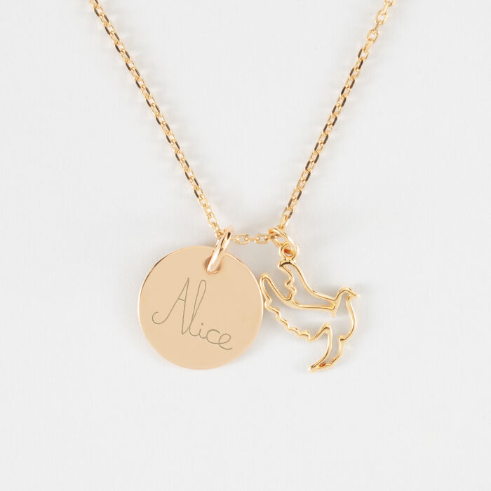 Pendentif enfant personnalisé médaille gravée plaqué or 15 mm et breloque colombe 18 mm - écrit