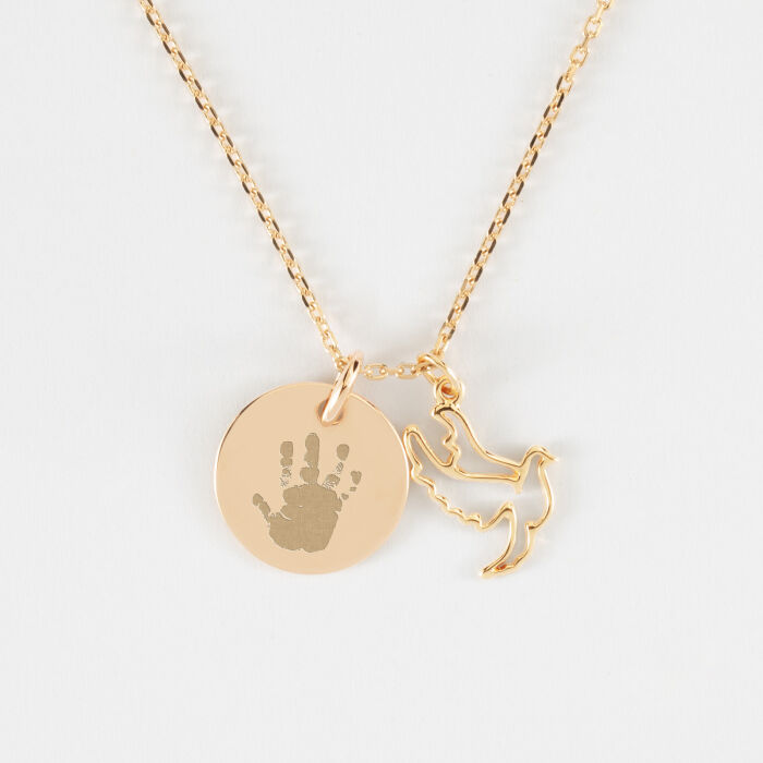 Pendentif enfant personnalisé médaille gravée plaqué or 15 mm et breloque colombe 18 mm - empreinte