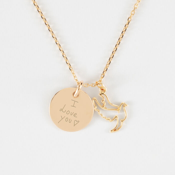 Pendentif personnalisé médaille gravée plaqué or 15 mm et breloque colombe 18 mm - écrit