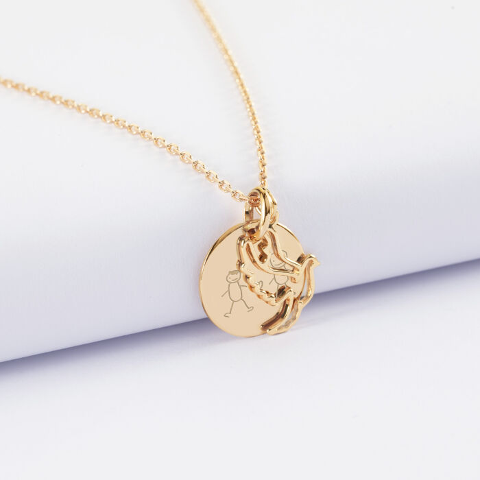 Pendentif personnalisé médaille gravée plaqué or 15 mm et breloque colombe 18 mm - dessin