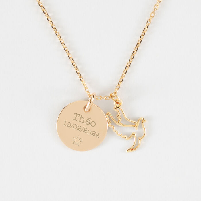 Pendentif personnalisé médaille gravée plaqué or 15 mm et breloque colombe 18 mm - texte pictogramme