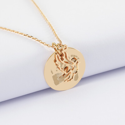 Pendentif personnalisé médaille gravée plaqué or 19 mm et breloque colombe 18 mm - empreinte
