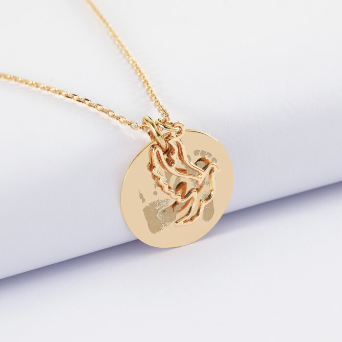 Pendentif personnalisé médaille gravée plaqué or 19 mm et breloque colombe 18 mm - empreinte