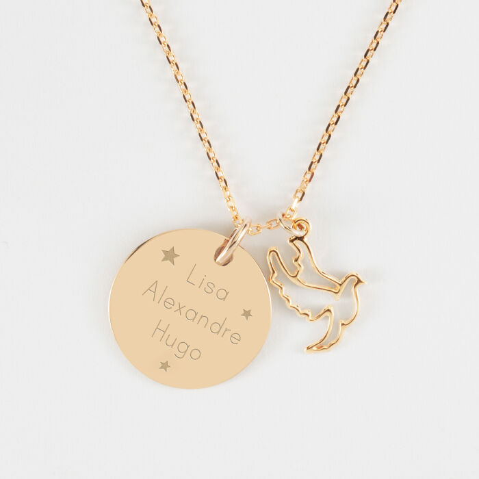 Pendentif personnalisé médaille gravée plaqué or 19 mm et breloque colombe 18 mm - texte pictogramme