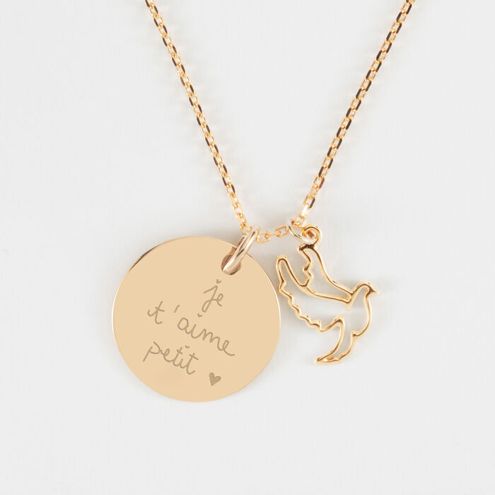 Pendentif personnalisé médaille gravée plaqué or 19 mm et breloque colombe 18 mm - écrit