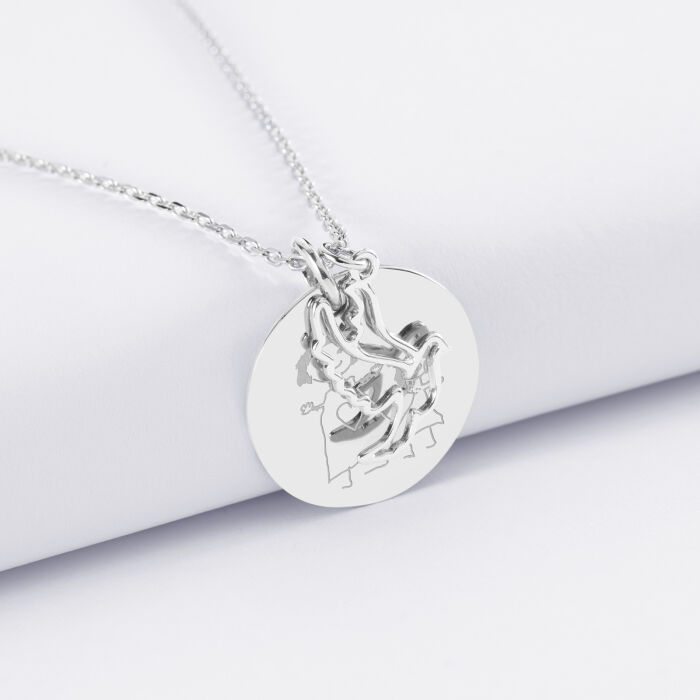 Pendentif personnalisé médaille gravée argent 19 mm et breloque colombe 18 mm - dessin