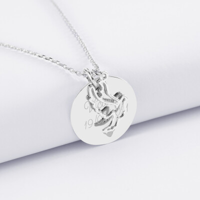 Pendentif personnalisé médaille gravée argent 19 mm et breloque colombe 18 mm - texte pictogramme