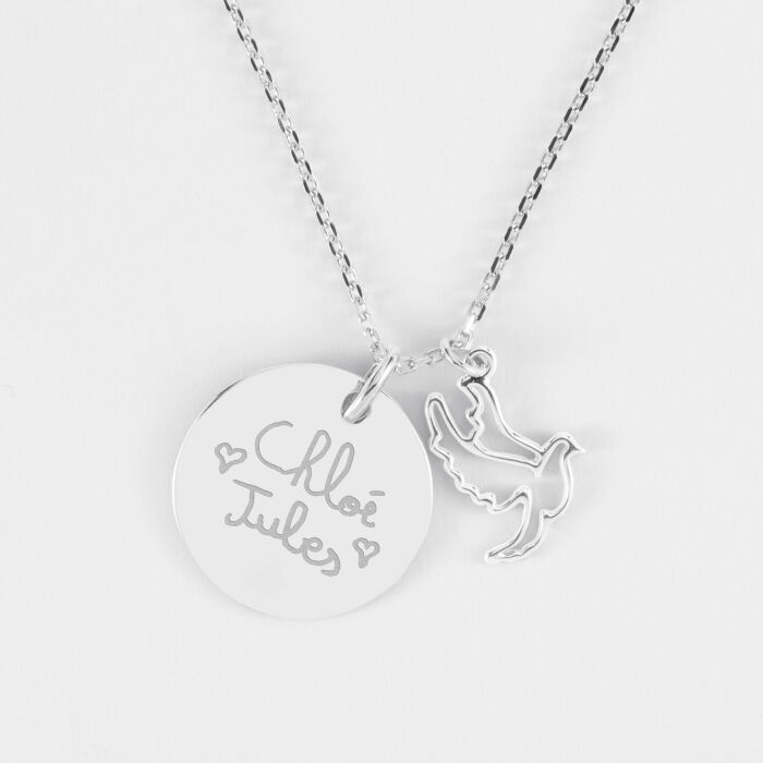 Pendentif personnalisé médaille gravée argent 19 mm et breloque colombe 18 mm - écrit