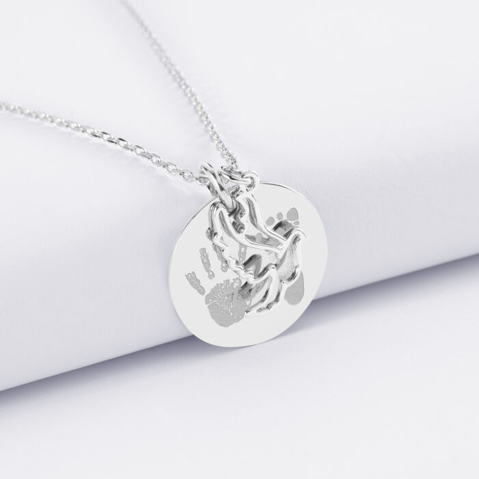 Pendentif personnalisé médaille gravée argent 19 mm et breloque colombe 18 mm - empreintes