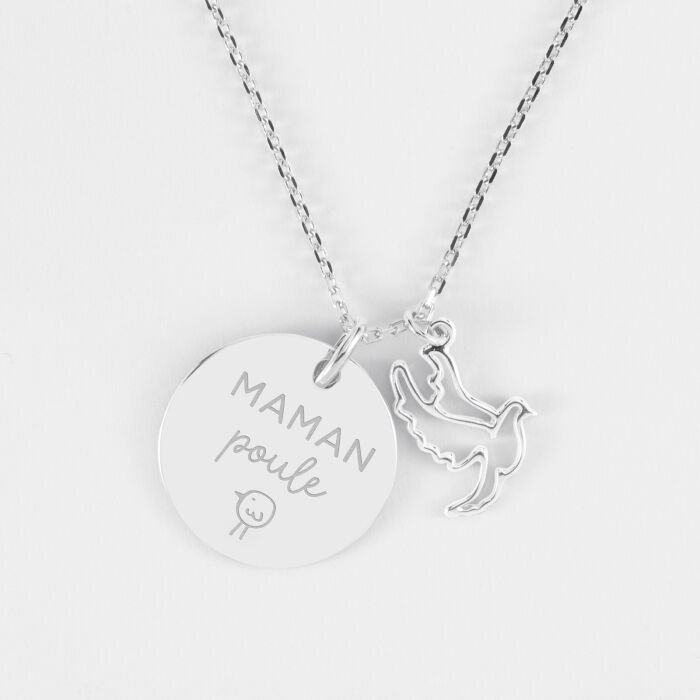 Pendentif personnalisé médaille gravée argent 19 mm et breloque colombe 18 mm - illustration