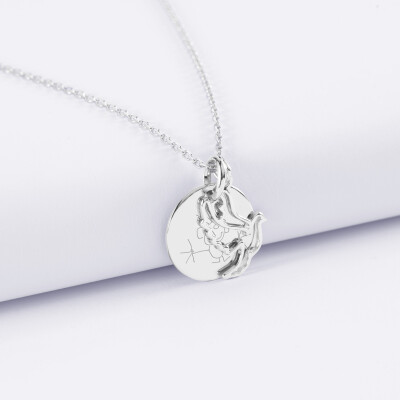 Pendentif enfant personnalisé médaille gravée argent 15 mm et breloque colombe 18 mm - dessin