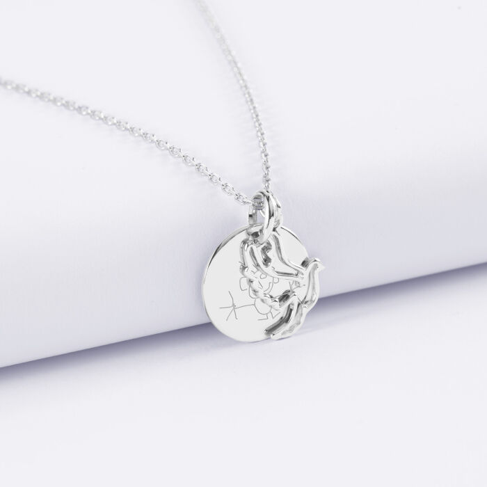 Pendentif enfant personnalisé médaille gravée argent 15 mm et breloque colombe 18 mm - dessin