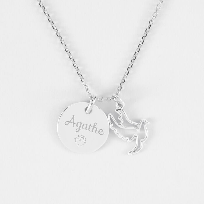 Pendentif personnalisé médaille gravée argent 15 mm et breloque colombe 18 mm - texte picto