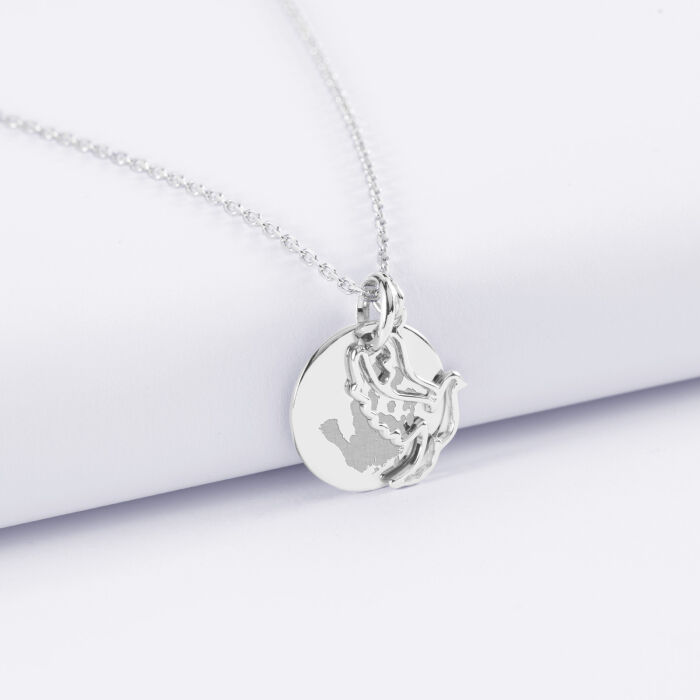 Pendentif personnalisé médaille gravée argent 15 mm et breloque colombe 18 mm - empreinte
