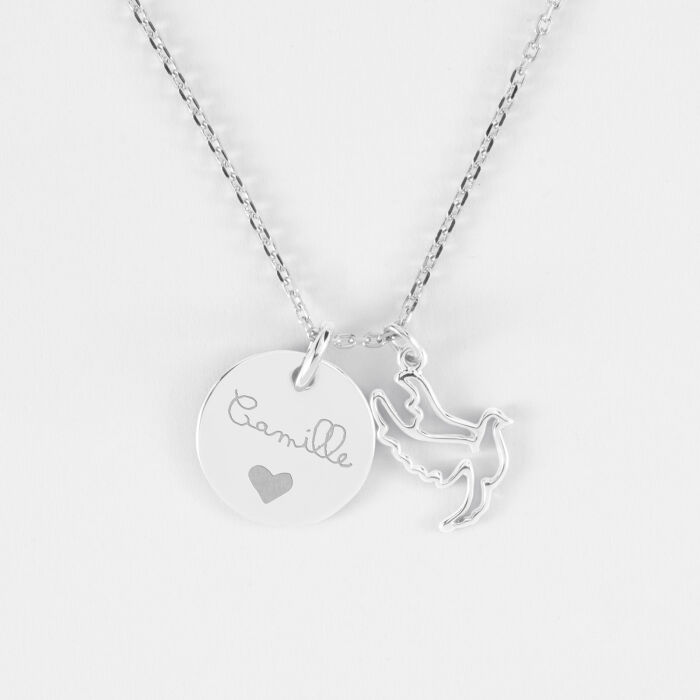 Pendentif personnalisé médaille gravée argent 15 mm et breloque colombe 18 mm - ecrit