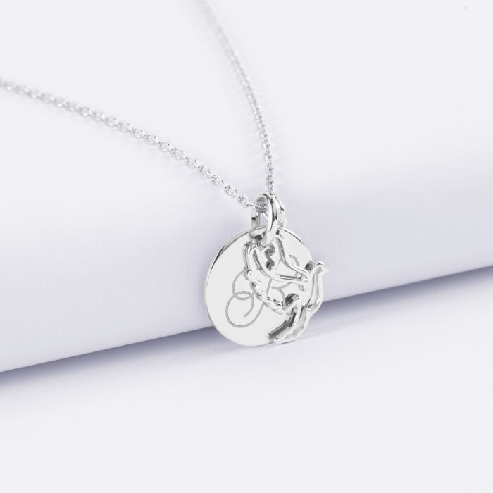Pendentif personnalisé médaille gravée argent 15 mm et breloque colombe 18 mm - illustration