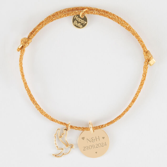 Bracelet personnalisé cordon pailleté médaille gravée plaqué or 15 mm et breloque colombe 18 mm - texte pictogramme