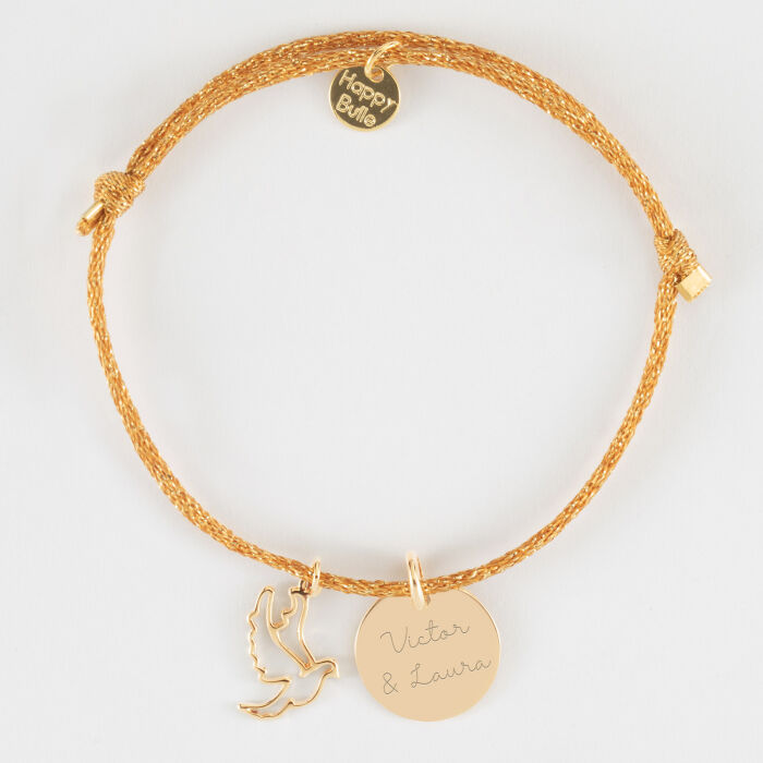 Bracelet personnalisé cordon pailleté médaille gravée plaqué or 15 mm et breloque colombe 18 mm - texte