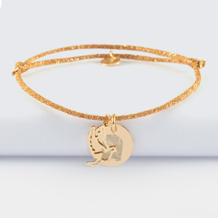 Bracelet personnalisé cordon pailleté médaille gravée plaqué or 15 mm et breloque colombe 18 mm - empreinte