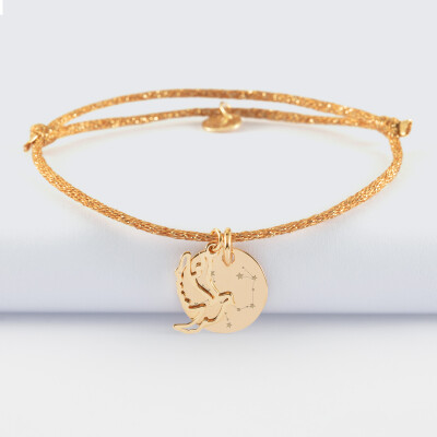 Bracelet personnalisé cordon pailleté médaille gravée plaqué or 15 mm et breloque colombe 18 mm - illustration