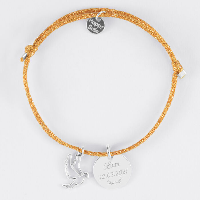 Bracelet personnalisé cordon pailleté médaille gravée argent 15 mm et breloque colombe 18 mm - texte picto