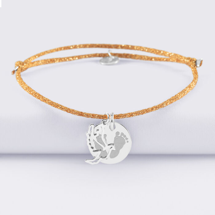 Bracelet personnalisé cordon pailleté médaille gravée argent 15 mm et breloque colombe 18 mm - empreinte