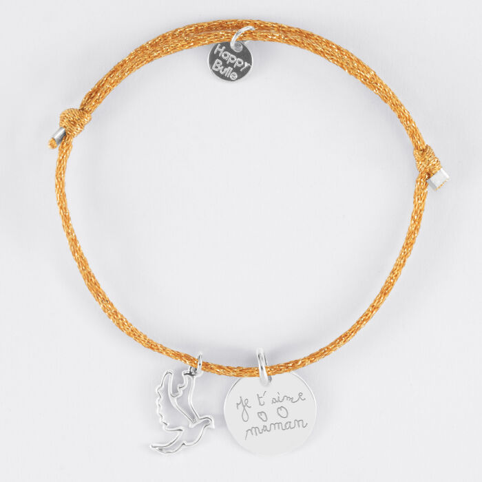 Bracelet personnalisé cordon pailleté médaille gravée argent 15 mm et breloque colombe 18 mm - ecrit
