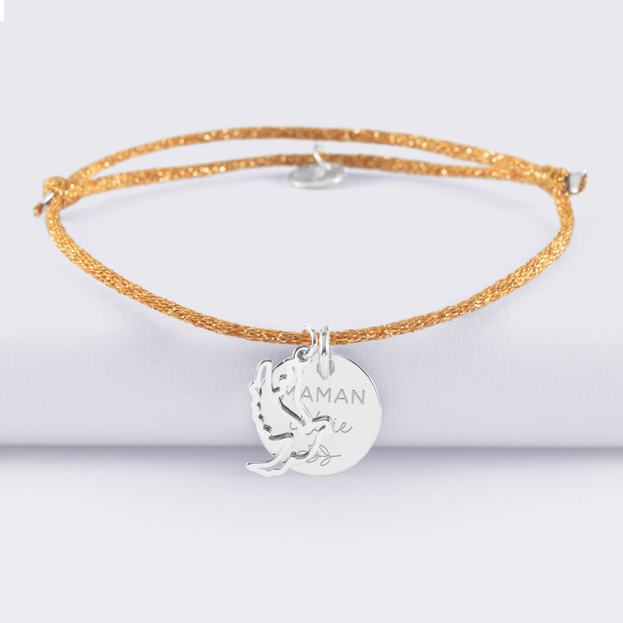 Bracelet personnalisé cordon pailleté médaille gravée argent 15 mm et breloque colombe 18 mm - illustration
