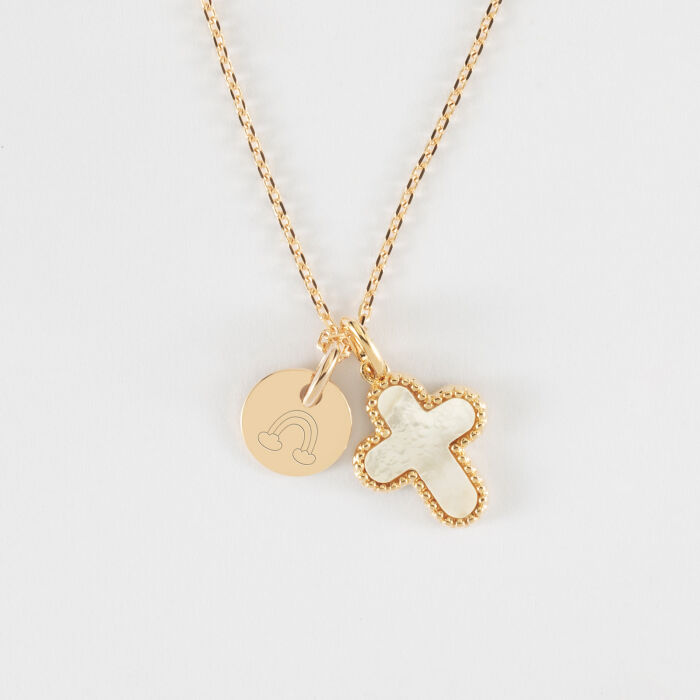 Pendentif enfant personnalisé médaille gravée plaqué or 10 mm et breloque croix nacre 16 mm - pictogramme arc-en-ciel