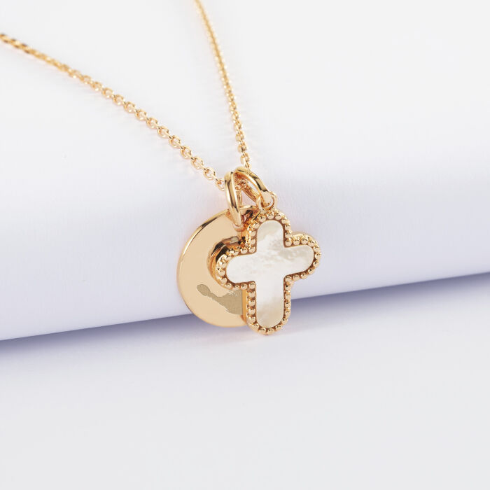 Pendentif personnalisé médaille gravée plaqué or 15 mm et breloque croix nacre 16 mm - empreinte