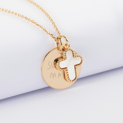 Pendentif personnalisé médaille gravée plaqué or 19 mm et breloque croix nacre 16 mm - écrit