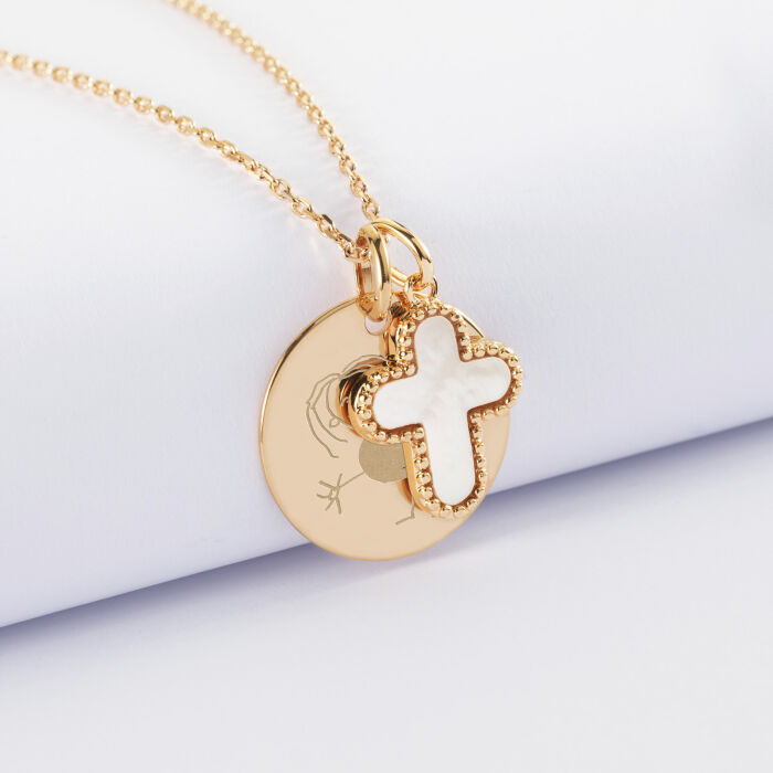 Pendentif personnalisé médaille gravée plaqué or 19 mm et breloque croix nacre 16 mm - dessin