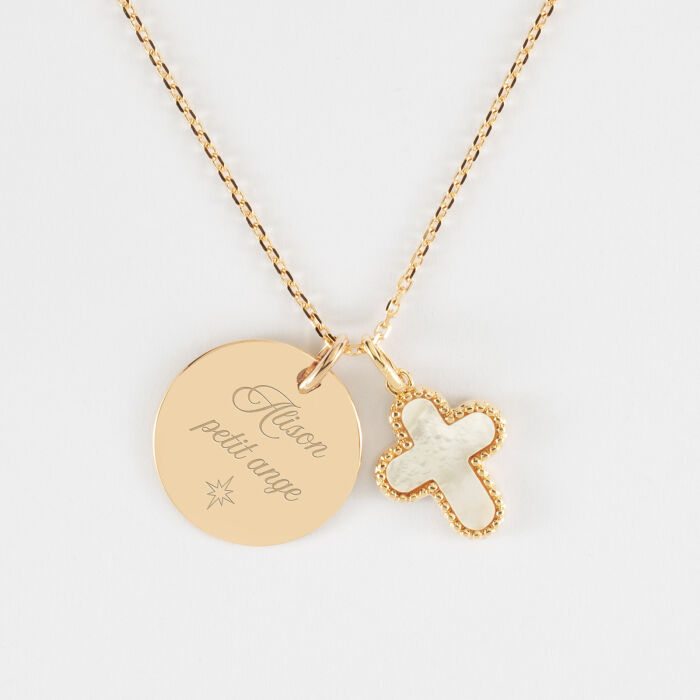 Pendentif personnalisé médaille gravée plaqué or 19 mm et breloque croix nacre 16 mm - texte pictogramme