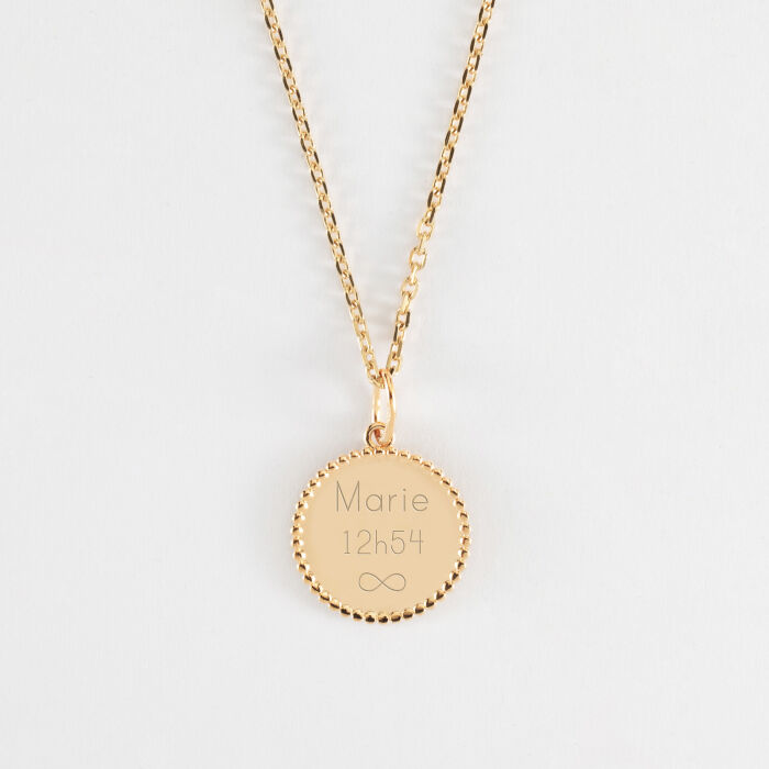 Pendentif personnalisé médaille gravée plaqué or colombe texturée 14 mm - texte pictogramme