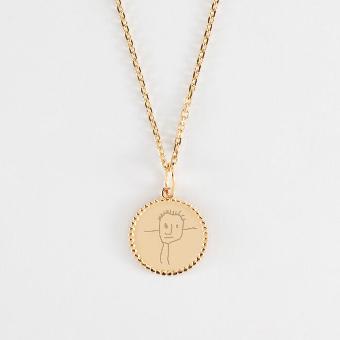 Pendentif personnalisé médaille gravée plaqué or colombe texturée 14 mm - dessin