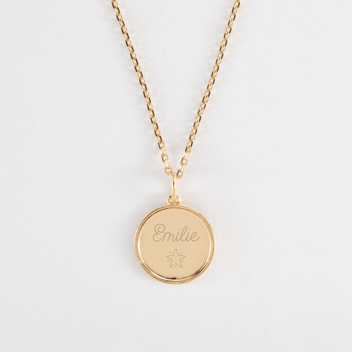 Pendentif enfant personnalisé médaille gravée plaqué or ange texturée 14 mm - texte pictogramme