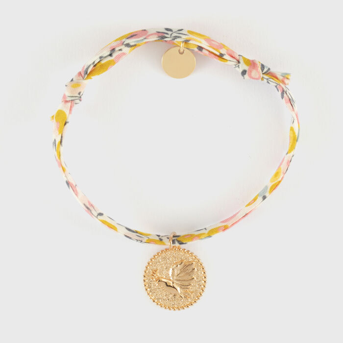 Bracelet enfant Liberty personnalisé médaille gravée plaqué or colombe texturée 14 mm