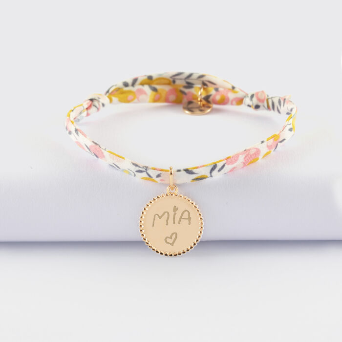 Bracelet enfant Liberty personnalisé médaille gravée plaqué or colombe texturée 14 mm - ecrit