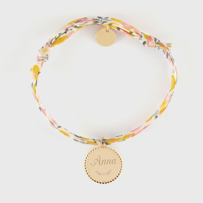 Bracelet enfant Liberty personnalisé médaille gravée plaqué or colombe texturée 14 mm - texte pictogramme