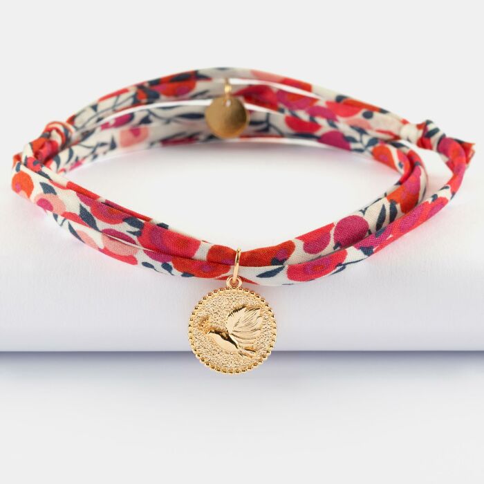 Bracelet 3 tours Liberty personnalisé médaille gravée plaqué or colombe texturée 14 mm