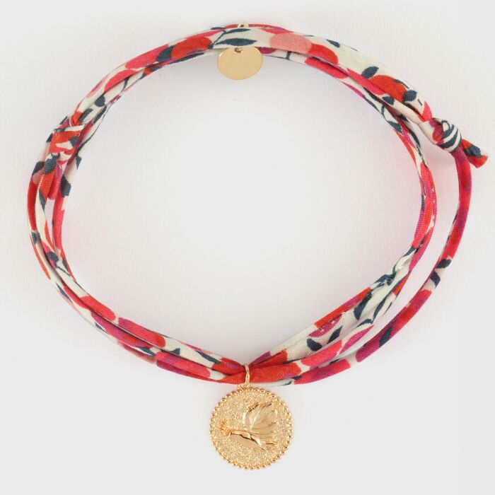 Bracelet 3 tours Liberty personnalisé médaille gravée plaqué or colombe texturée 14 mm