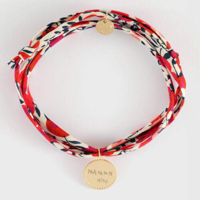 Bracelet 3 tours Liberty personnalisé médaille gravée plaqué or colombe texturée 14 mm