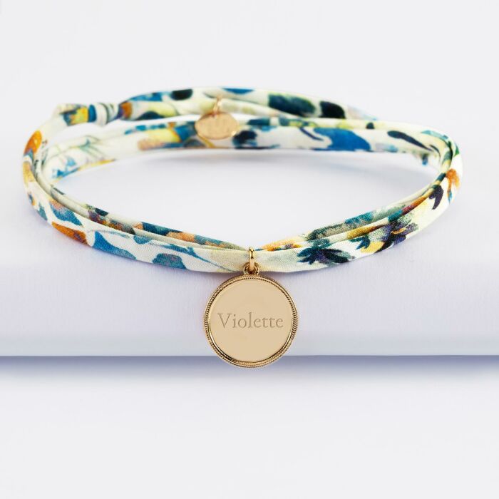 Bracelet 3 tours Liberty personnalisé médaille gravée plaqué or ange texturée 14 mm