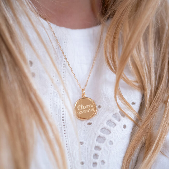 Ciondolo bambini personalizzato medaglietta sigillo incisa placcata oro 17 mm